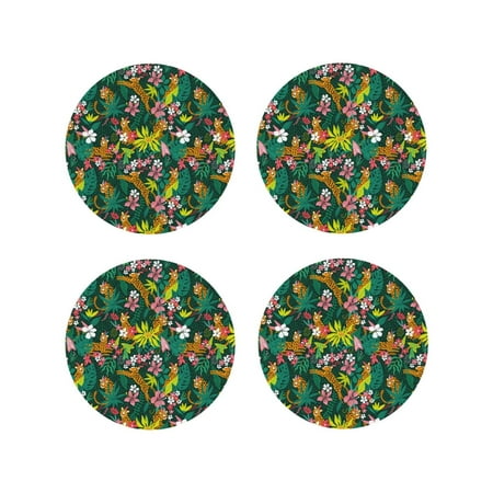 

Fuzoiu Cute Tribal Leopards Print Leather Coasters Set Drink Coasters Set of 4 for Tabletop Protection Durable PVC Coasters Home Décor and Housewarming Gift-Round Shape