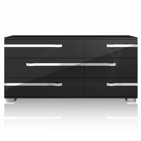 Chess Tin - Maklaine 6 Drawer Double Dresser in Black High Gloss and Chrome Foil Trim