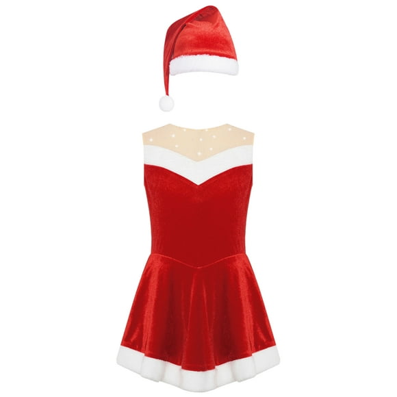 YiZYiF Kids Girls Santa Claus Costume Christmas Flannel Sequins Dress with Hat for Xmas Dance Figure Ice Skating Red 8