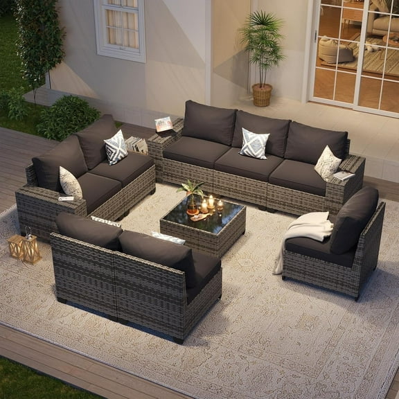 Aoxun Patio Furniture Set, 9 Pcs Outdoor Patio Furniture Sets with 4 in Thicken Cushion, Widen Armrests Wicker Outdoor Sectional for Backyard (Waterproof Cover Include)