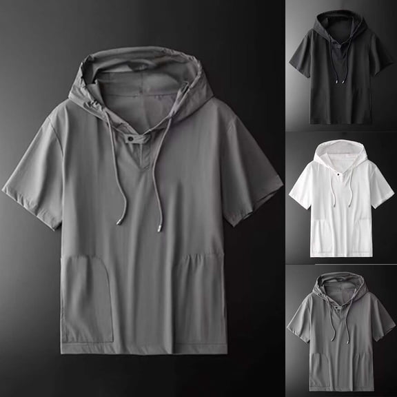 LWITHSZG Mens Shirts Trendy Loose Fit Drawstring Hoodies Summer Plus Size Blouse Casual Lightweight Basic Short Sleeve Tops M-5XL