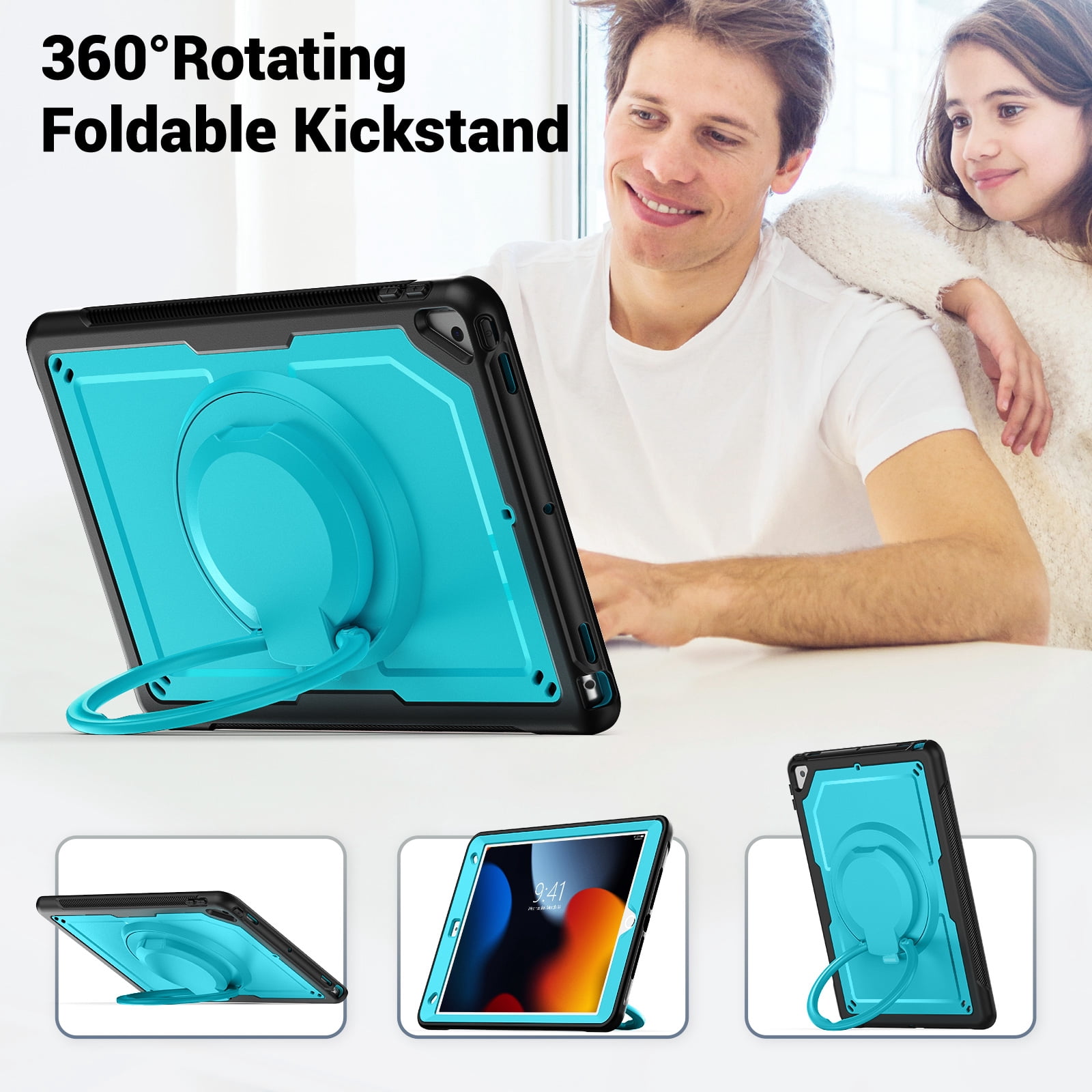 Shockproof Case for Apple iPad 9th 8th 7th Gen 10.2 Inch, Hybrid Protective Cover with Pencil Holder & Shoulder Strap Kids Friendly Rotating Kickstand Case for iPad 10.2" 2021/2020/2019,Lightblue