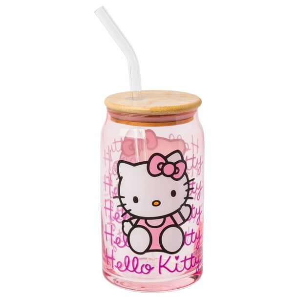 Silver Buffalo Sanrio Hello Kitty - Vaso de cristal rosa con tapa de bambú y pajita de cristal, 16 onzas