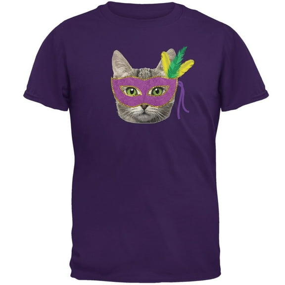 Mardi Gras Mask Funny Cat Purple Adult T-Shirt - Small