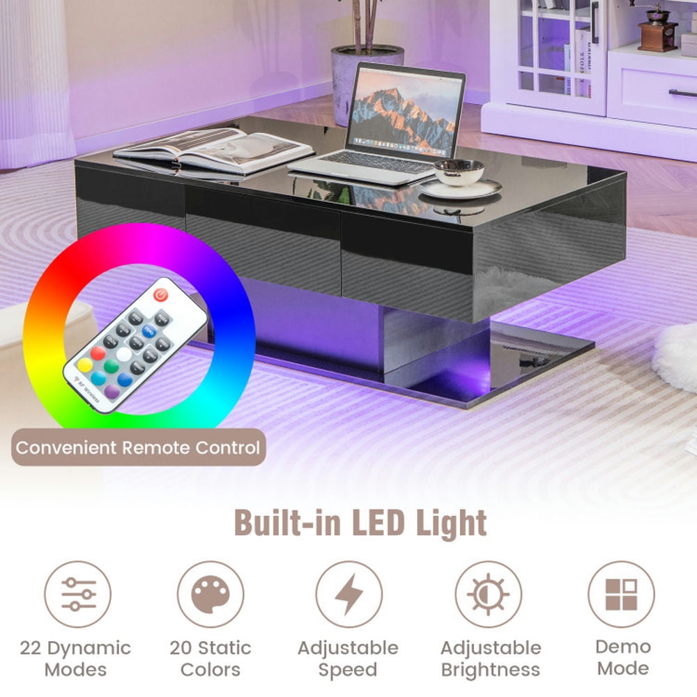 Finihen Coffee Table, LED Coffee Table, Modern LED Coffee Table with 20 Color LED Lights and 2 Storage Drawers, for Living Room, Reception Room, Black Finihen Coffee Table, LED Coffee Table, Modern LED Coffee Table with 20 Color LED Lights and 2 Storage Drawers, for Living Room, Reception Room, Black