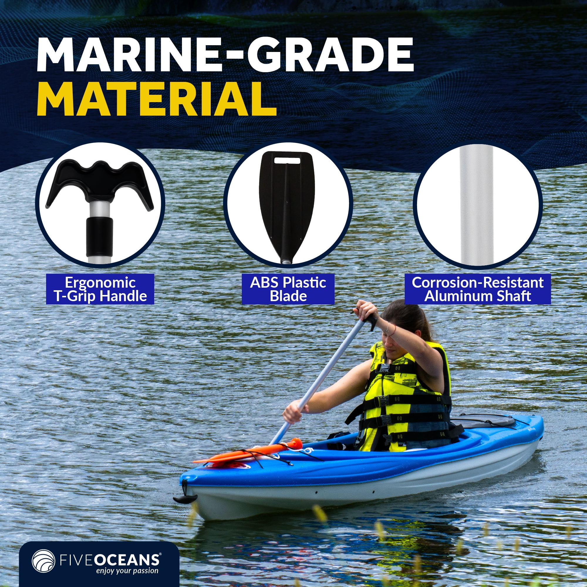 Five Oceans Canoe Paddle, 2-Pack Telescoping Canoe Paddles and Boat Hook, Black, Extend from 3.75 Ft. (45-inch) to 6 Ft.(72-inch), Aluminum Shaft, Reinforced Blade & Hook, Lightweight - FO1885-M2