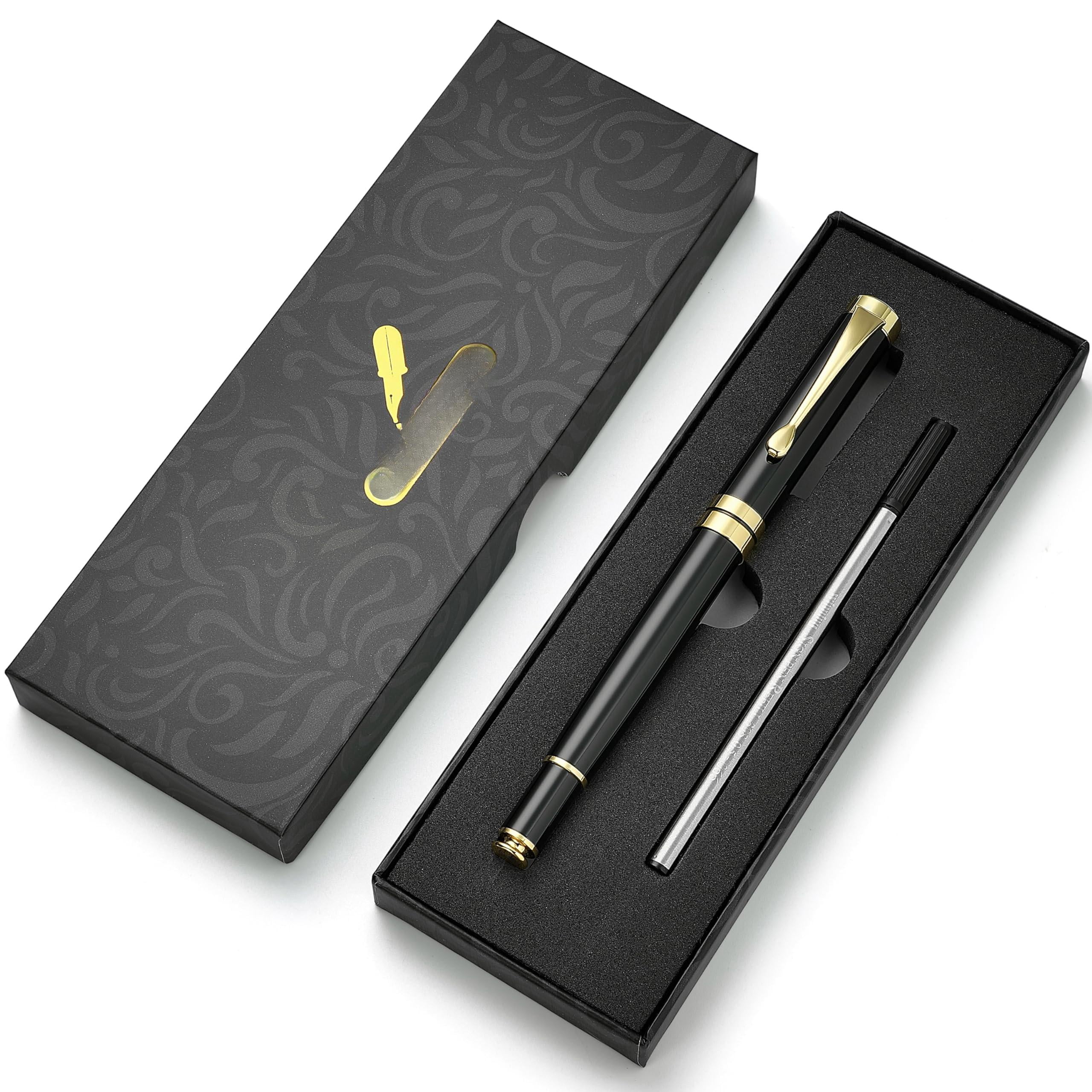 Personalized Ballpoint Pens  Stunning Black Chrome Metal Pen With Golden Trim Ball Gift Set For Men & Women Executive Office Nice Pens-gift Box 0.5mm Extra Refill