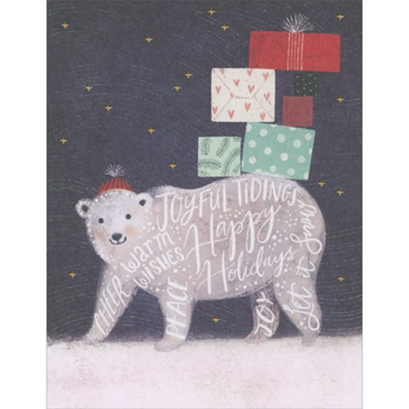 Designer Greetings Joyful Tidings, Happy Holidays Polar Bear with Gifts on Back Christmas Card