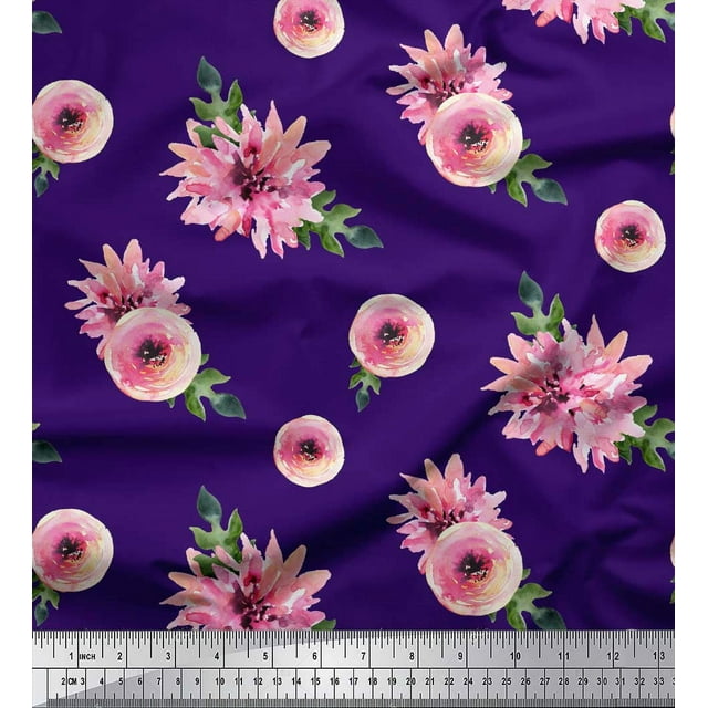 Soimoi Purple Cotton Cambric Fabric Ranunculus & Chrysanthemum Floral Decor Fabric Printed Yard 56 Inch Wide