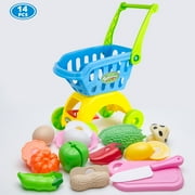 TABGIME Blue Big Toy Shopping Cart W/Cutting Foods for Kids 3Y+, Pretend-N-Play Shopping Grocery Play Set Gifts to Toddlers Girls Boys (Unisex)