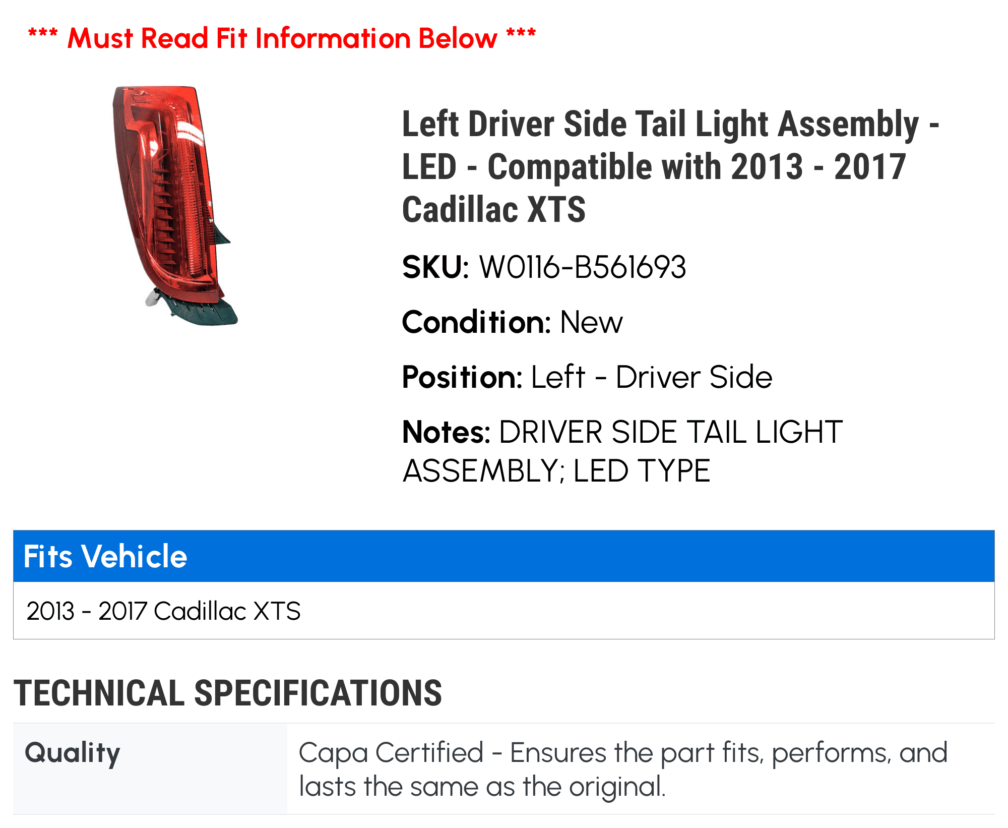 Left Driver Side Tail Light Assembly - LED - Compatible with 2013 - 2017 Cadillac XTS 2014 2015 2016