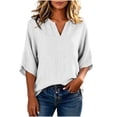 thumbnail image 4 of Annhoo Women's Linen Tunic Blouse Notched Split V Neck Wide 3/4 Sleeve Loose Breathable Summer Casual Top, 4 of 8