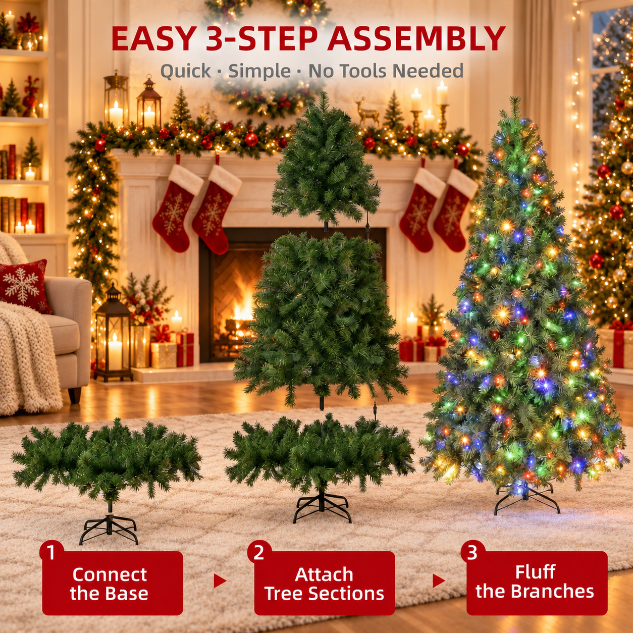 Fenbeli 6ft Pre-Lit Artificial Christmas Tree with 250 Multicolor LED Lights, 8 Lighting Modes, 1000 PVC Branch Tips and Metal Stand, Green