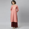 thumbnail image 3 of Janasya Indian Round Neck 3/4 Sleeve Embroidered Peach Poly Silk Kurta For Women, 3 of 7