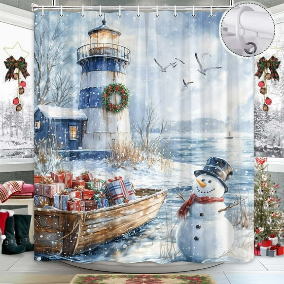 Winter Christmas Lighthouse Shower Curtain, Blue Winter Cute Snowman Beach Snowy Scenery Nautical Farmhouse Boat Fabric Bath Curtain Bathroom Accessories with Hooks, 69X70IN