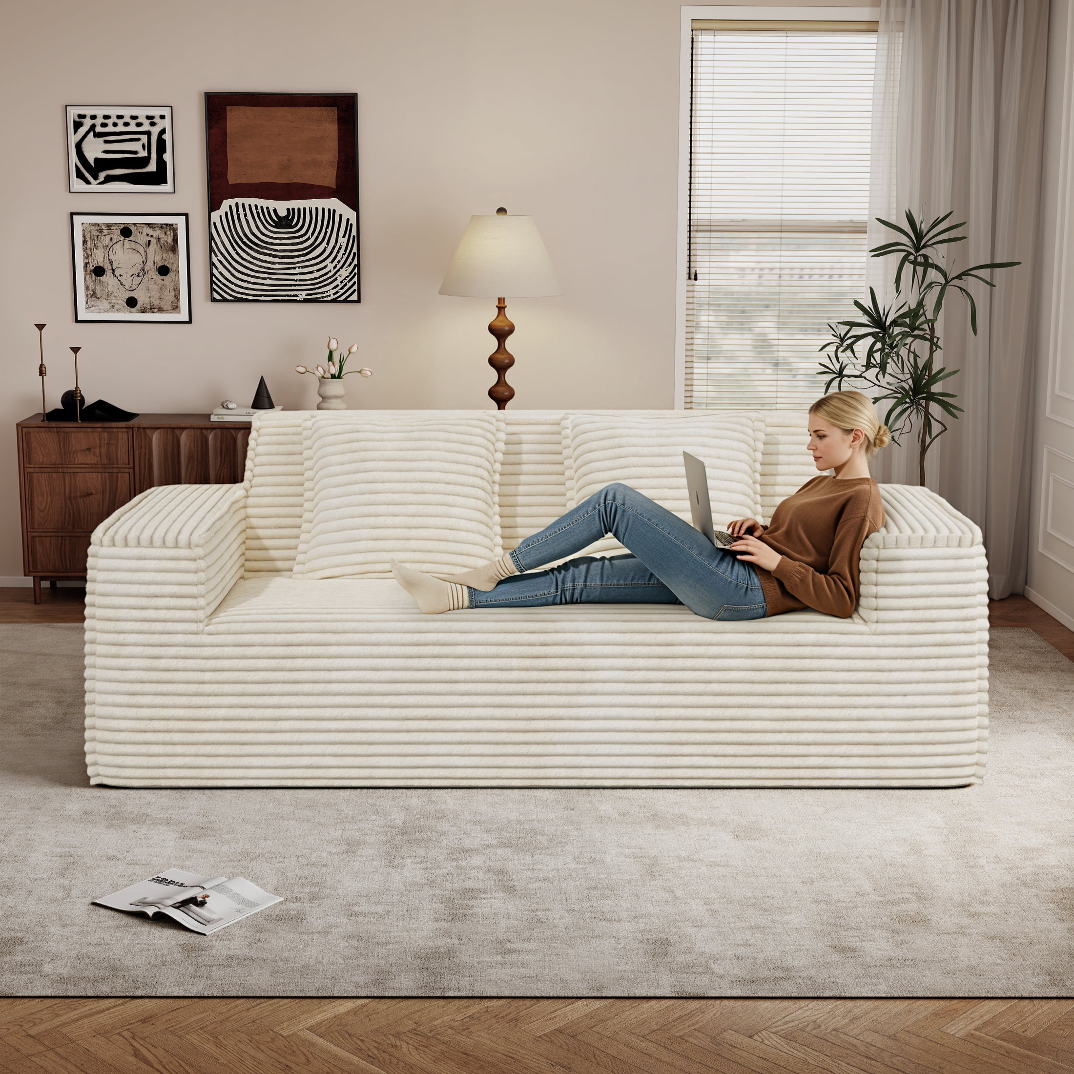 Hawsaiy 75" Corduroy Loveseat Sofa with Wide Armrests & Removable Pillows, No Assembly Foam Couch, Vacuum Packed, High-Density Support,Beige