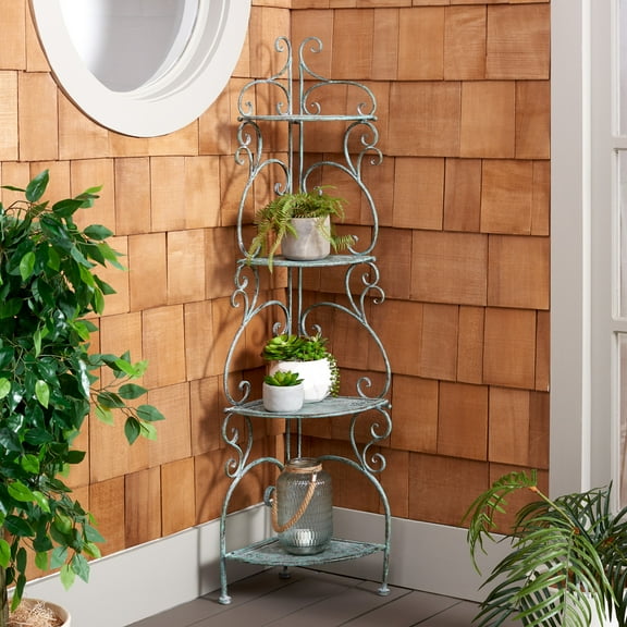 SAFAVIEH Turuca Outdoor Patio 4 Tier Corner Shelf Unit, Antique Green