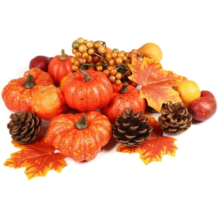 Bibana 24 PCS Artificial Pumpkins Set Thanksgiving Fake Pumpkins for Halloween Autumn Harvest Home Decorations, Include 3 Fake Maple Leaf, 6 Fake Pine Cone, 12 Assorted Fake Pumpkins, 3 Berry Cluster
