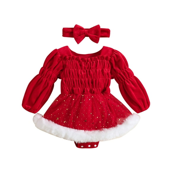 0-24M Christmas Baby Girls Romper Dress 3M 6M 12M 18M 24M Long Sleeve Star Moon Print Ruched Ruffles Jumpsuits with Headband