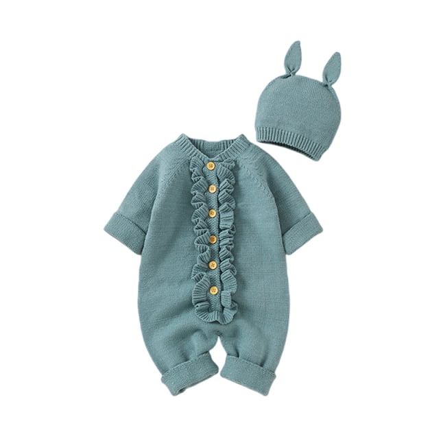 MeetoTime Baby Clothes Knitted Jumpsuits Long Sleeve Solid Color Newborn Infant Rompers Ears Hat Set Crawling Clothes