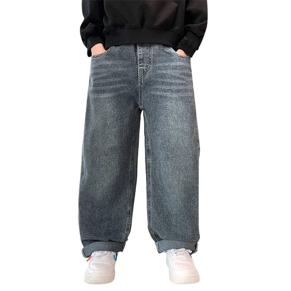 CPNG Boy's Thermal Fleece Lined Jeans Teen Boys Elastic Waist Straight Leg Button Front Zipper Denim Pants(Blue,9-10 Years)