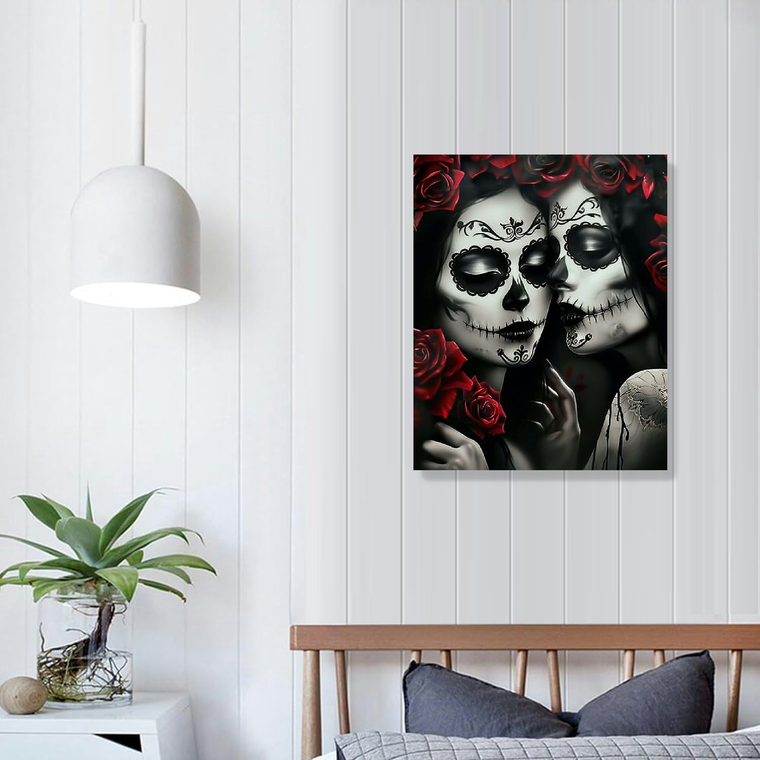 COMIO Sugar Skull Couple And Roses Canvas Wall Art Modern Poster Print Paintings Wall Decor Pictures for Living Room