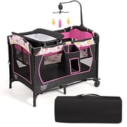 Costway 3-in-1 Convertible Portable Baby Playard Newborn Napper Height Adjustable Pink