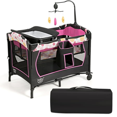 Costway 3-in-1 Convertible Portable Baby Playard Newborn Napper Height Adjustable Pink