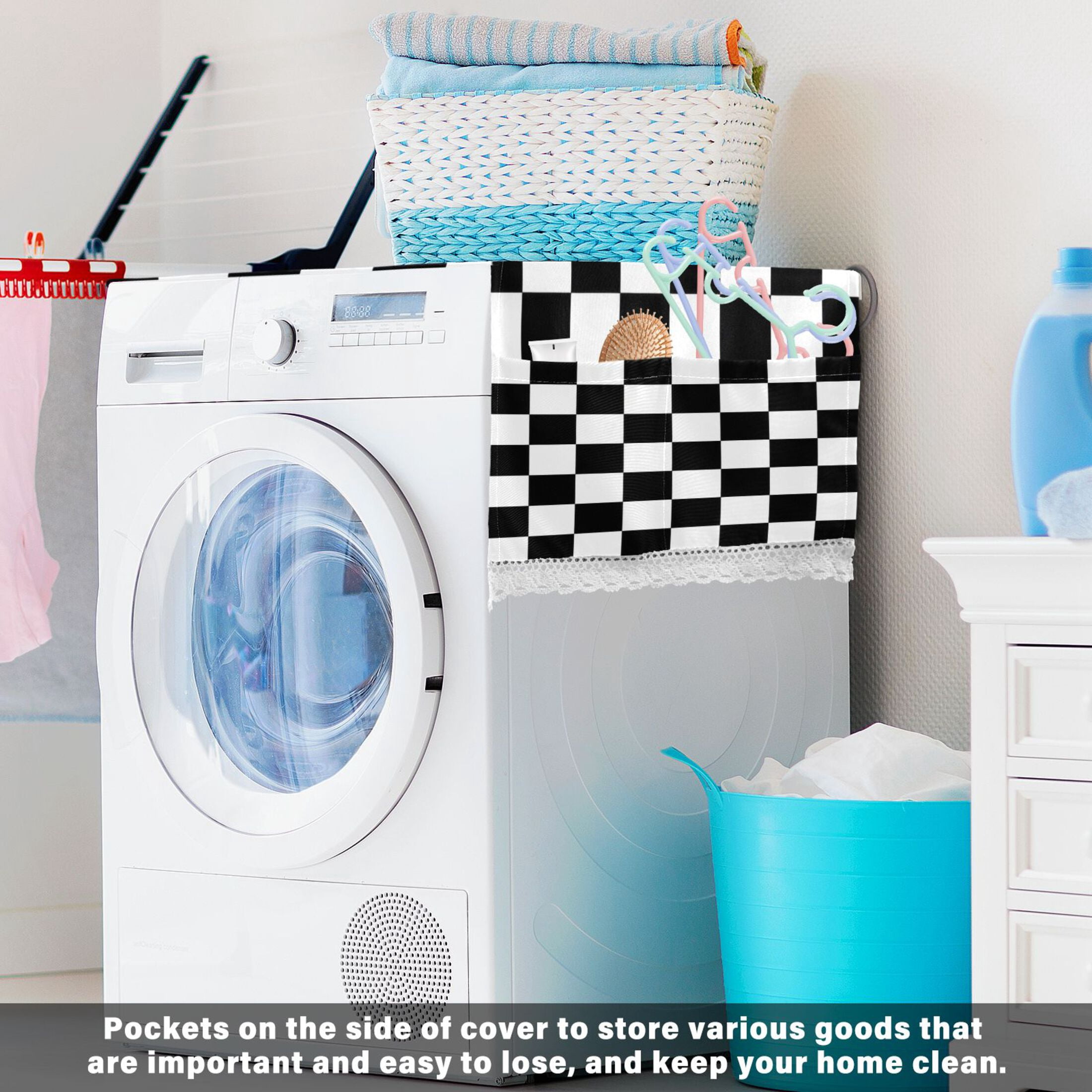 Washing Machine Cover 51.2x22in, Durable Polyester Dust Cover with Lace Trim and Side Pocket for Appliances Black and White Checkered