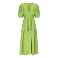 thumbnail image 7 of Women's Deep V Neck Puff Short Sleeve Tiered Dress Elastic High Waist Flowy A Line Midi Dresses, 7 of 7