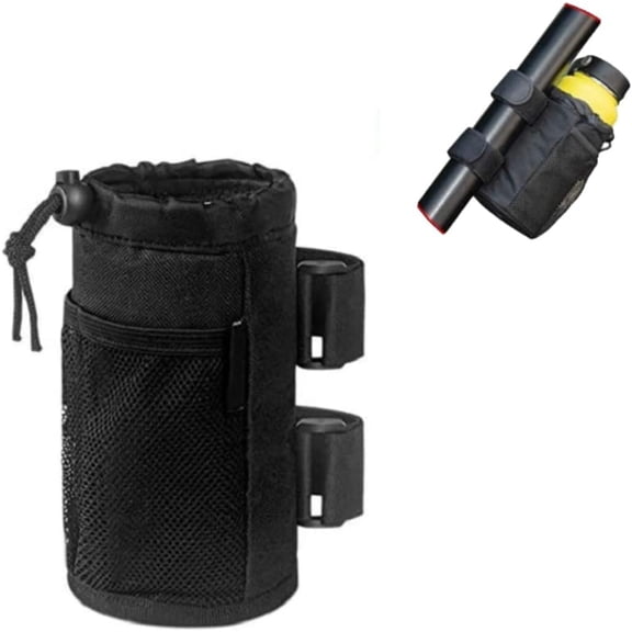 Cup Holder for Bike, Scooter and Wheelchair, Water Bottle Holder for UTV/ATV, Walker, Golf Cart and Beach, Universal Drink Holder Accessories with Net Pocket and Cord Lock (Black)