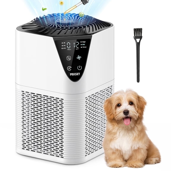 PRASKY Air Purifier for Home with Filter Brusher 1076 Sq Ft Coverage, True HEPA Filter for Pets, Smoke & Allergies | Quiet for Bedroom/Living Room (White)