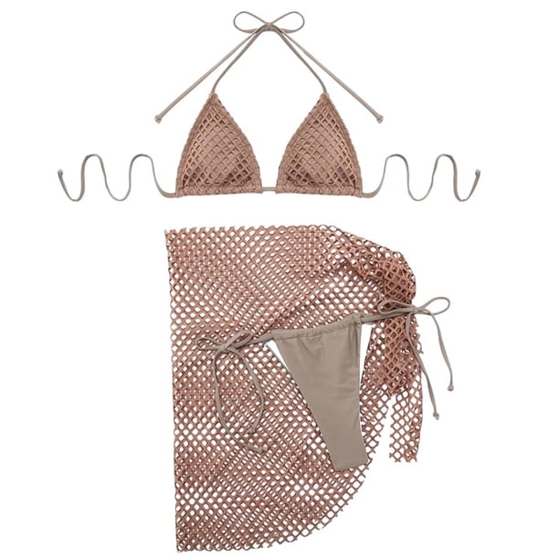 Traje baño cuello halter para mujer 3 piezas con falda envolvente traje baño, traje baño triangular