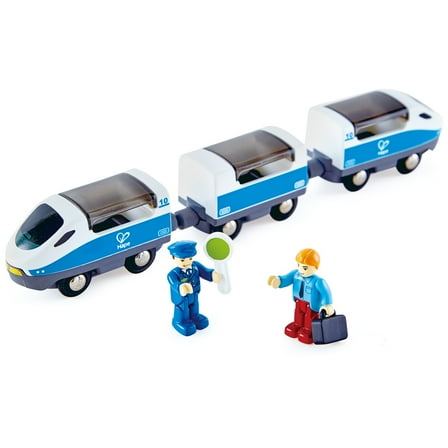 Hape: Intercity Train - Blue & White - Wooden Train Toy Set, 3pc Magnetic Linking Train, 2 Poseable Figures & Accessories, Kids Ages 3 
