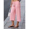 thumbnail image 3 of Pantalones capri de mujer con cintura plegable, tiro bajo, color liso, pierna ancha, estilo cropped., 3 of 7
