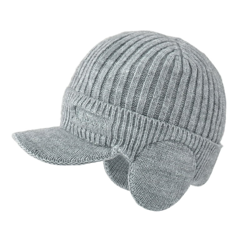 Men's Winter Beanie w/Visor & Earflaps, Warm Knitted Hat for