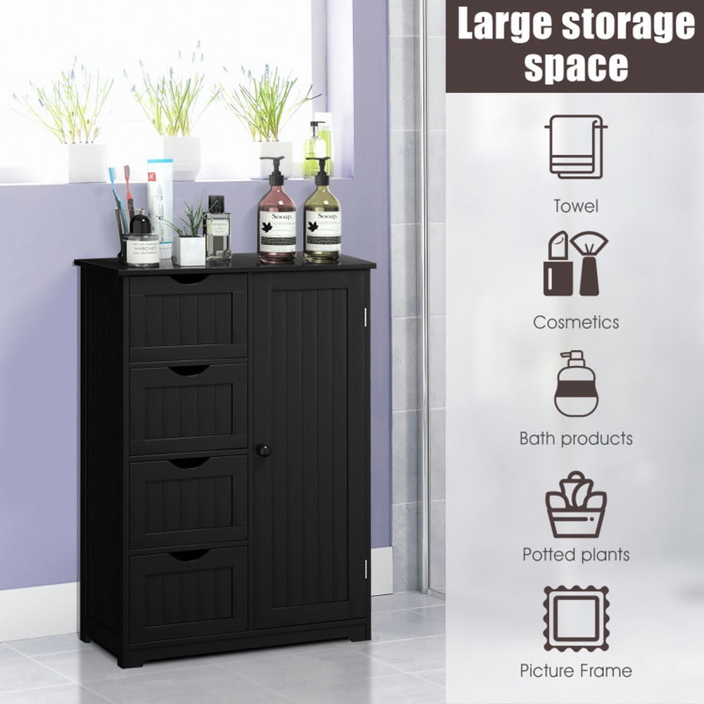 Finihen Storage Cabinet, Floor Cabinet, Standing Indoor Wooden Cabinet with 4 Drawers, for Bathroom, Living Room, Bedroom, Kitchen, Living Room, Bedroom, Kitchen, Black