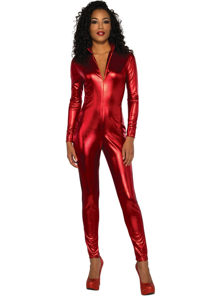 Women's Red Secret Agent Slinky Metallic Stretch Jumpsuit Costume ...