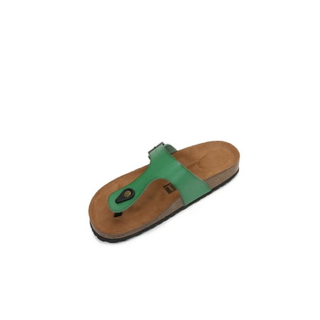 

Women Soft Cork Footbed PU Leather Hook and Loop T Strap Flip Flops (Premium PU Green / 9 )