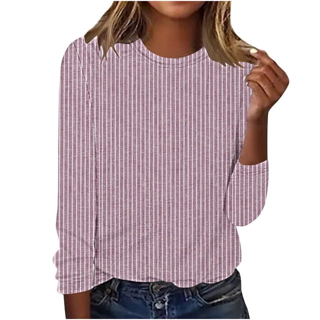 Lenpel T-Shirts pour Femmes Mode Automne Manches Longues Col Rond Rayé Tee Basique Hauts Blouses Décontractées Amples (Rose, TTG)