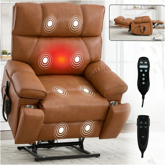 JERFIT Large Power Lift Recliner Chair with Heat and Massage, Dual Motor Infinite Positioning, Faux Leather, Side Pockets and Cup Holders for Living Room