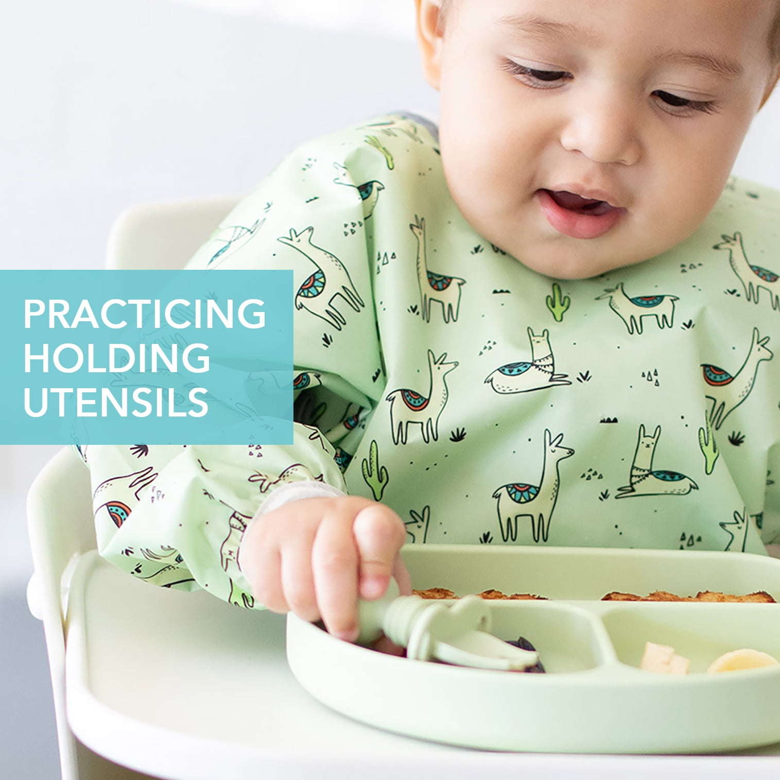 Bumkins Baby Feeding Chewtensils, Training Fork and Spoon Set, Utensils Ages 6 Mos+ Sage