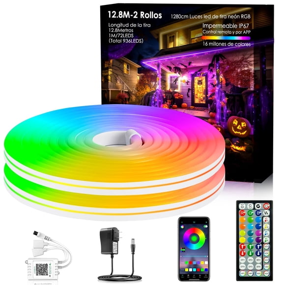 Tira Led Neon RGB 12.8M Luces Led Para Cuarto Exterior Bluetooth Flex IP67 Manguera Party Luz Lights Navidad Fiesta Lampara Habitacion Calida Home Decoracion BBQ Bricolaje Leds Strip Ambiente 2 Rollos