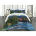 thumbnail image 2 of Ambesonne Landscape Quilted Coverlet 3 Pcs, River Log Lake Village, King Size, Green Blue and Dark Pink, 2 of 4