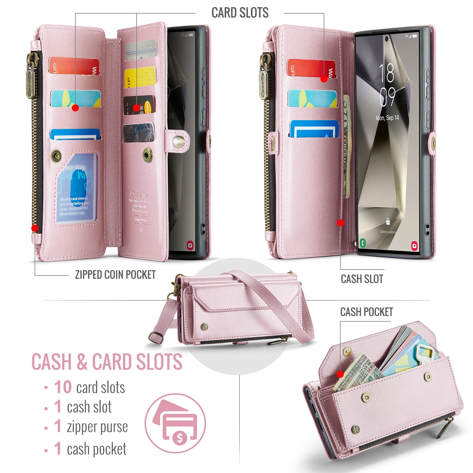 for Samsung Galaxy S22 Ultra Full Body Protection Wallet Folio Flip Case, Shoulder Strap & Wristlet Card Slots Zipper Pocket RFID Blocking Rugged Durable PU Leather Phone Case Cover, Pink