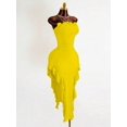 thumbnail image 4 of Yellow Womens Fitted Asymmetrical Hem 3D Floral Bandeau Dress, Ruched Body with Layered Ruffle Skirt, 4 of 6