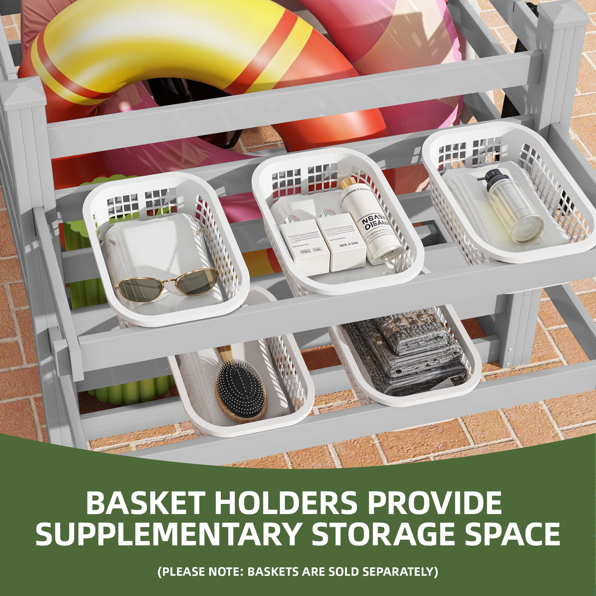 Uforic Pool Storage Bin Gray 64"x46"x38" Resin Deck Box with 6 Movable Hooks for Poolside Towels Goggles and Accessories