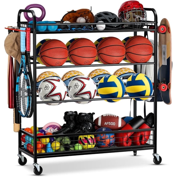 Garage Sports Equipment Organizer - Rolling Ball Storage Bin with Wheels, Garage Sports Gear Rack Outdoor Basketball Racks for Balls with Baseball Bat Holder and Hooks, Toy Organizer