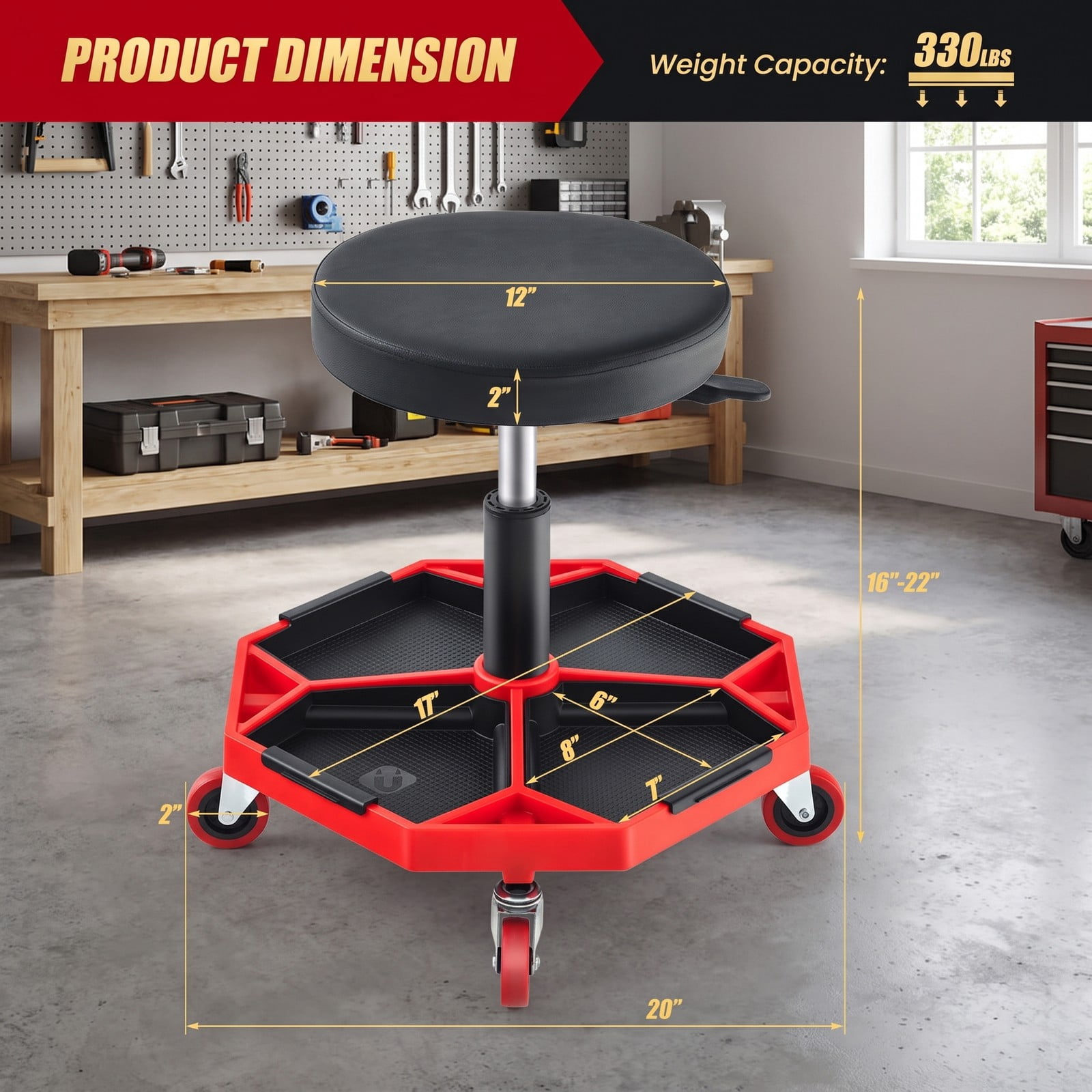 Biotree Pneumatic Rolling Mechanic Stool with Padded Seat, 330 LBS Capacity Height Adjustable Swivel Garage Shop Work Chair with Tool Tray and 4 Casters, Red