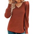 thumbnail image 2 of Women Sweaters Puff Long Sleeve V Neck Shirts Casual Tunic Tops Orange L, 2 of 7